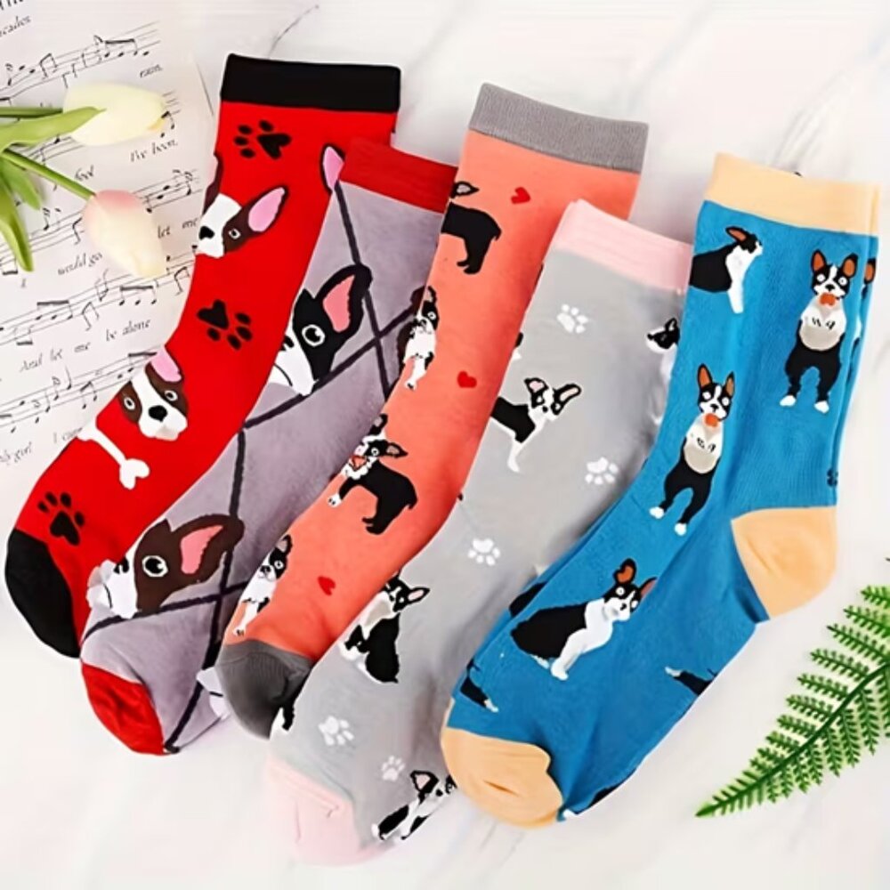 Women's 5 Pack Crew Socks Colorful French Bulldog Themed - OS - NWT - Picture 2 of 13